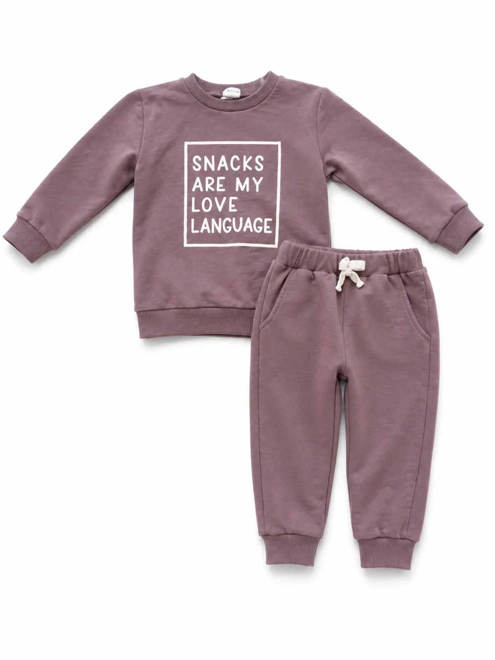 Girls 2T “Snacks Are My Love Language” Sweatshirt Jogger Set Purple Graphc Top